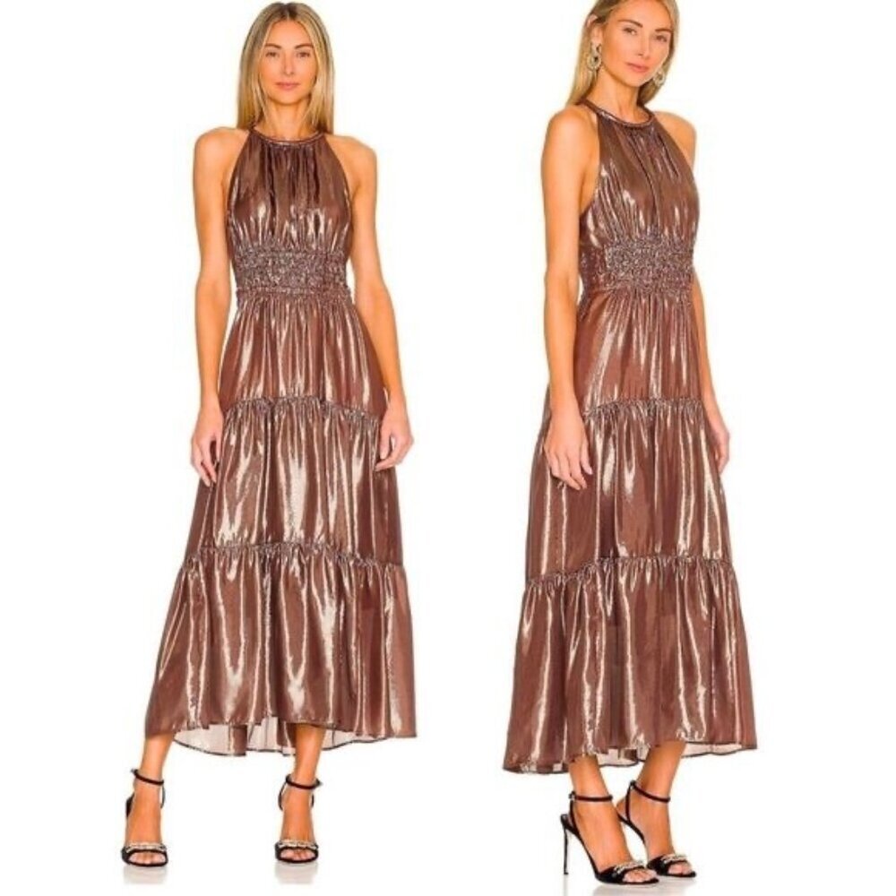 ALC Elara Tiered Silk Metallic Bitter Chocolate Maxi Dress